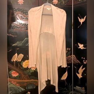 Cardigan, semi sheer, asymmetric hem, oat color